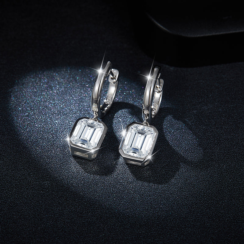 S925 Sterling Silver Emerald Cut Moissanite Dangle Earrings  6x8mm Huggie Hoop Drop Earrings Platinum Plated Jewelry Gift Box Set