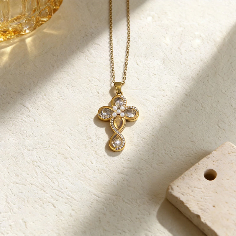 Stainless Steel Inlaid Rhinestone Cross Pendant Necklace