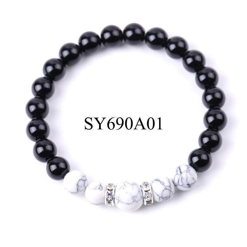 8 Mm 10mm Tigers Eye And Glossy Black Stone Micro-Inlaid Diamond Bracelet