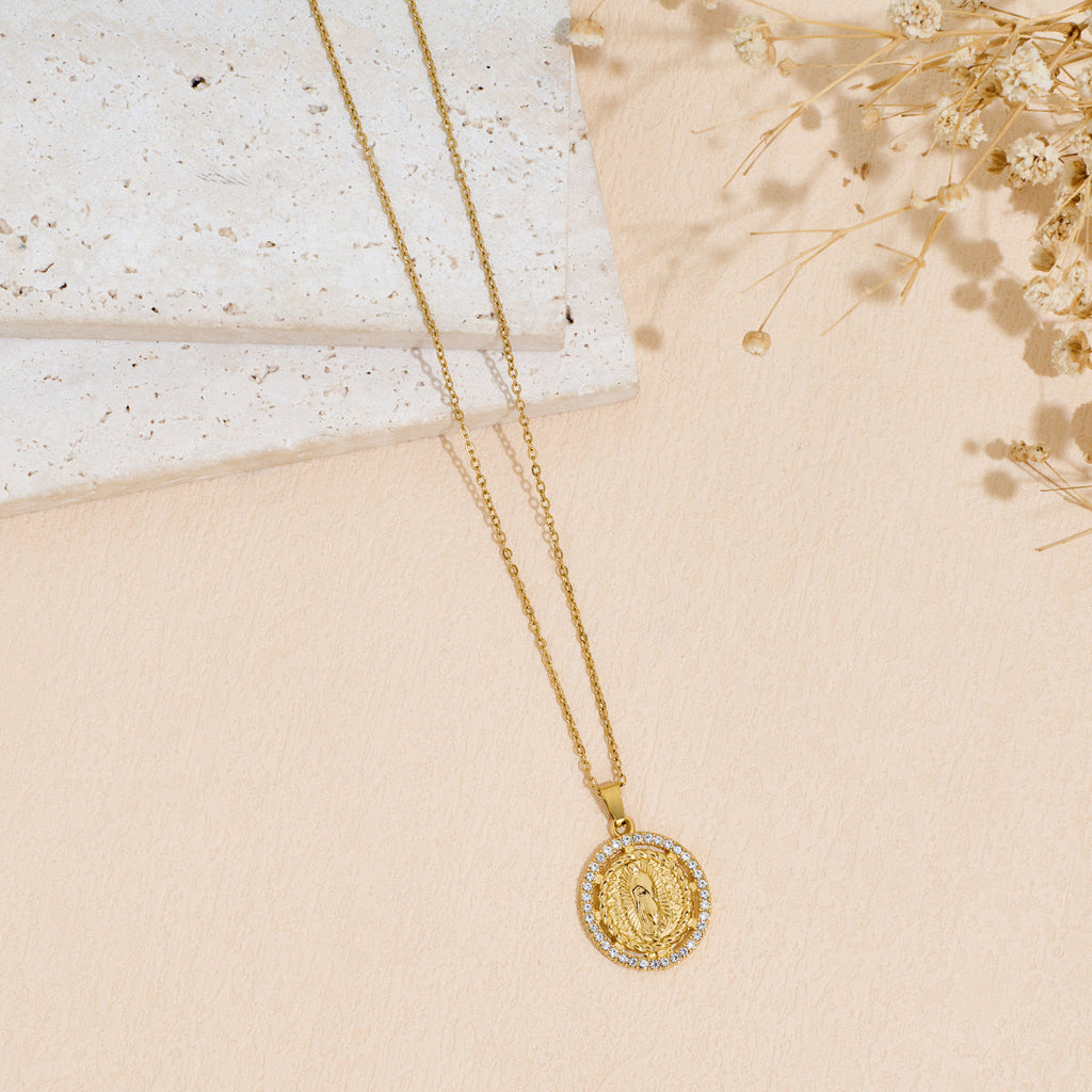 Stainless Steel Inlaid Rhinestone Virgin Mary Pendant Necklace