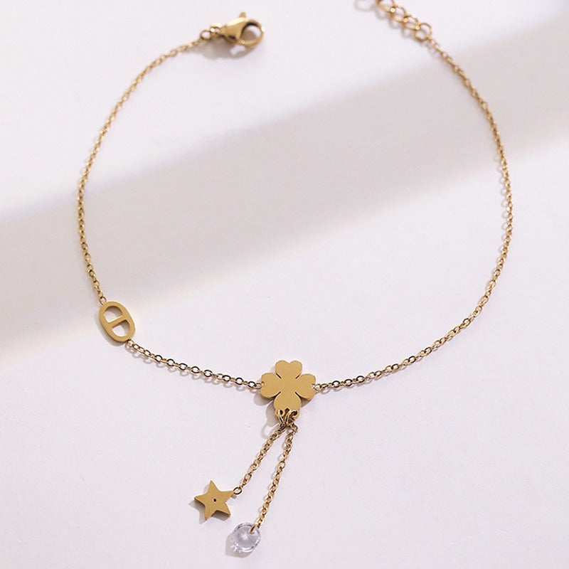 18K Gold Tassel Star Clover Anklet