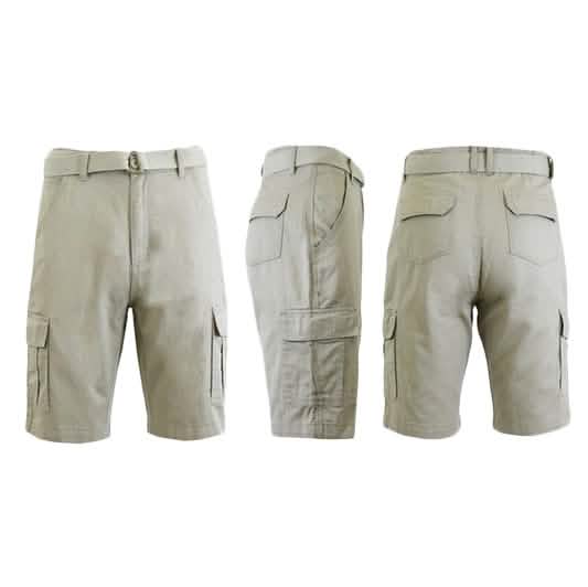 Men's 100% Cotton Belted Cargo Shorts - Assorted Colors and Sizes