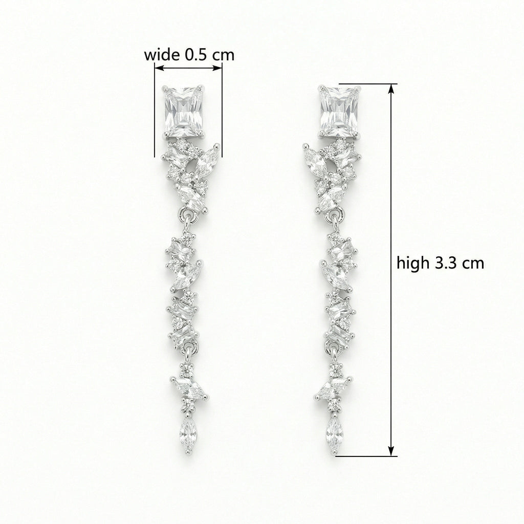 925 Sterling Silver Elegant Silver Crystal Dangle Earrings with Marquise and Radiant Cut Stones for Bridal Wear