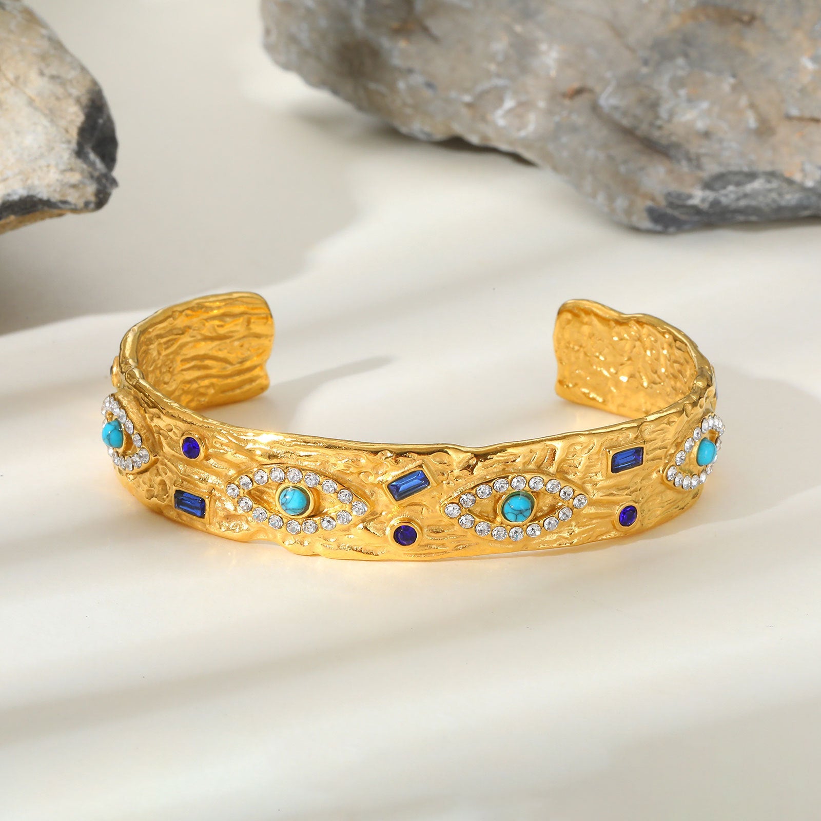 Stainless Steel Zircon Turquoise Eye Open Bracelet In Gold Color