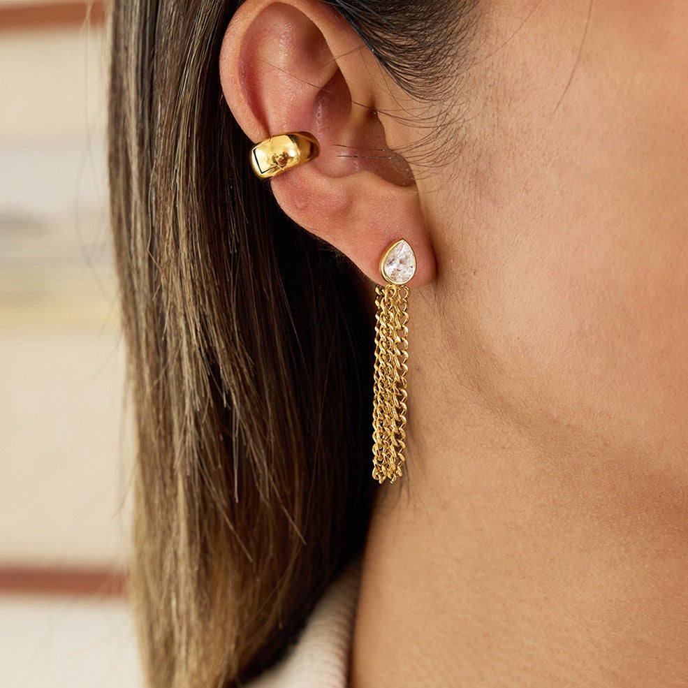 Chain tassel titanium steel zircon earrings
