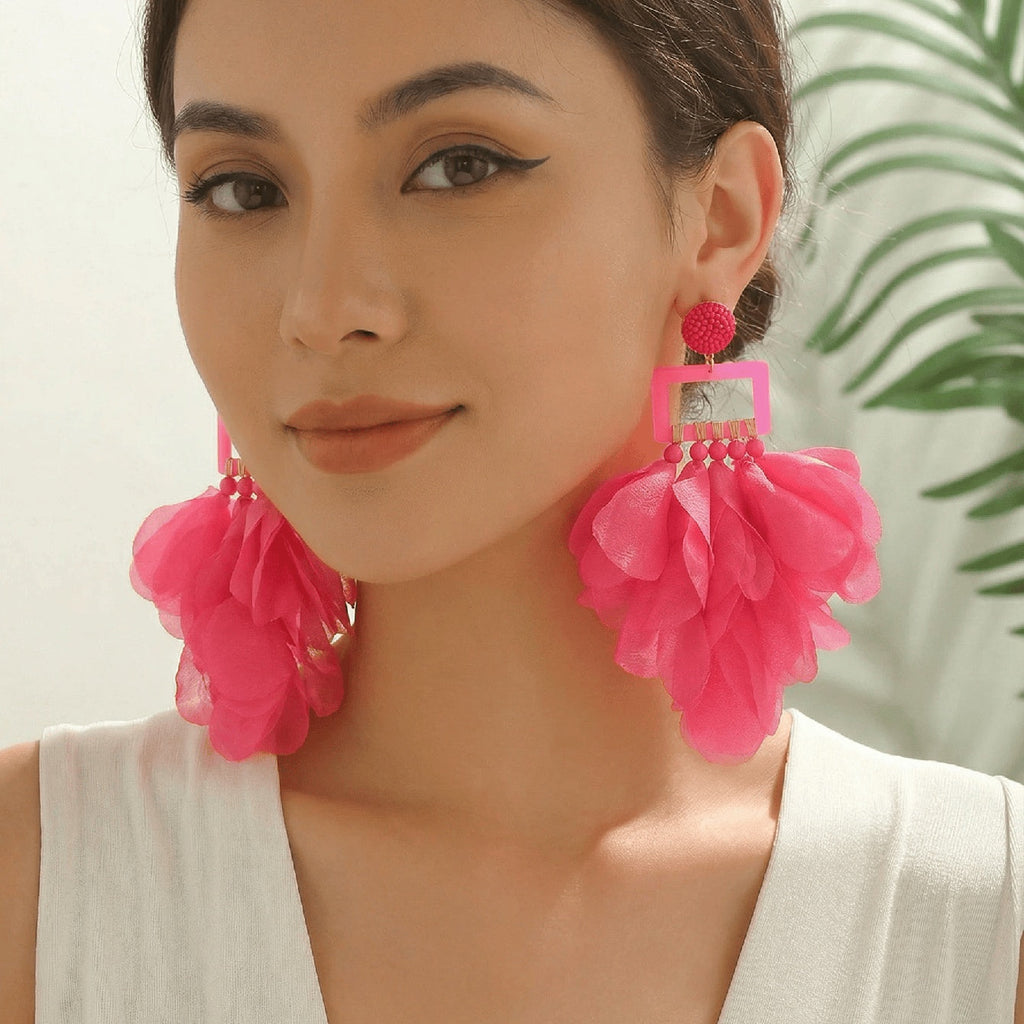 Oversized Chiffon Multi-Layer Tassel Earrings For Women Bohemian Handmade Fabric Jewelry Summer Party Beach Vacation