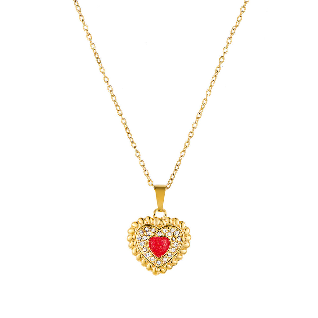 Stainless Steel Heart-shaped Drop-oil Inlaid Rhinestone Pendant Necklace
