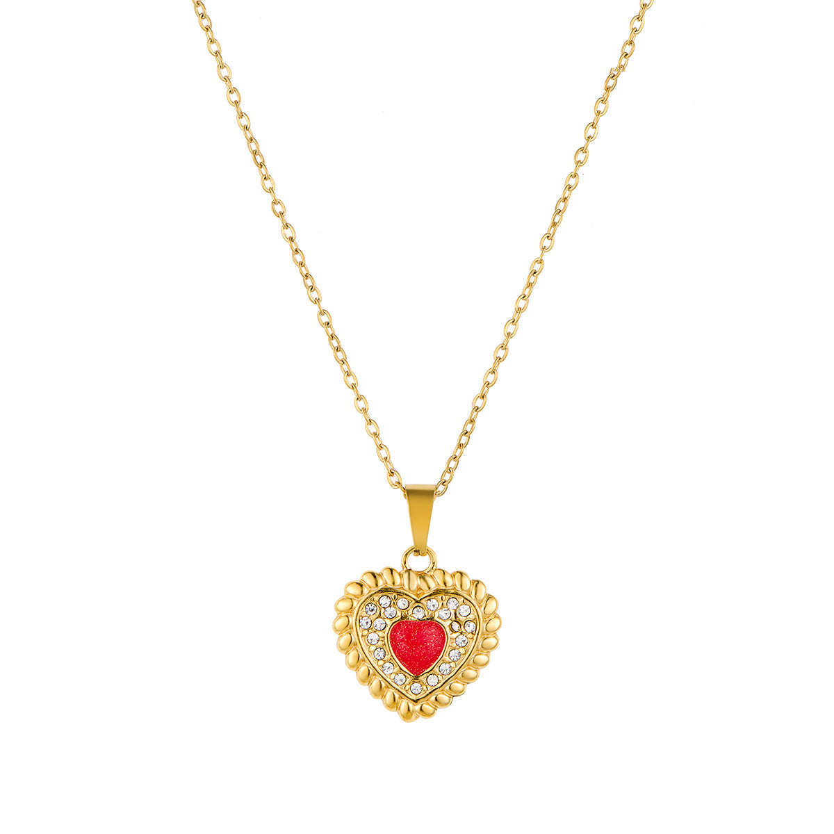 Stainless Steel Heart-shaped Drop-oil Inlaid Rhinestone Pendant Necklace