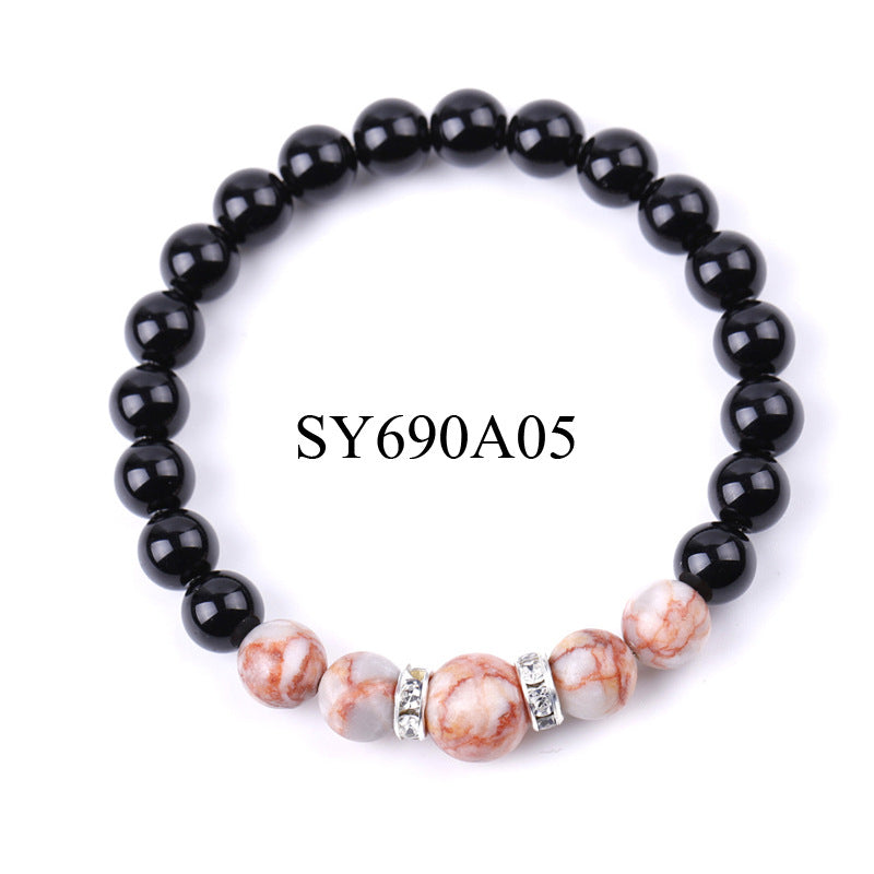 8 Mm 10mm Tigers Eye And Glossy Black Stone Micro-Inlaid Diamond Bracelet