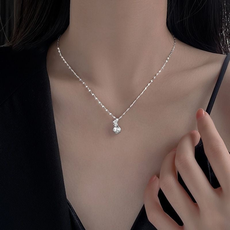 1pcs 999 Sterling Silver Hollow Cutout Lucky Money Bag Necklace, Elegant Delicate Style, Ideal For Birthday Gifts