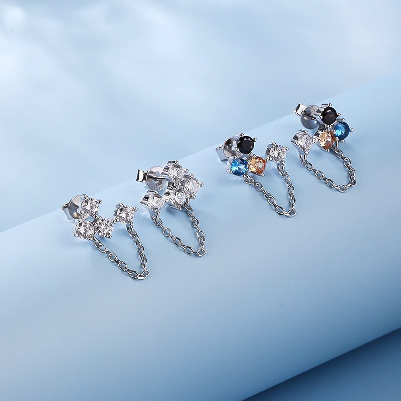 S925 Silver Asymmetric Multicolor Zircon Tassel Drop Earrings, Women Unique Versatile Dangle Jewelry