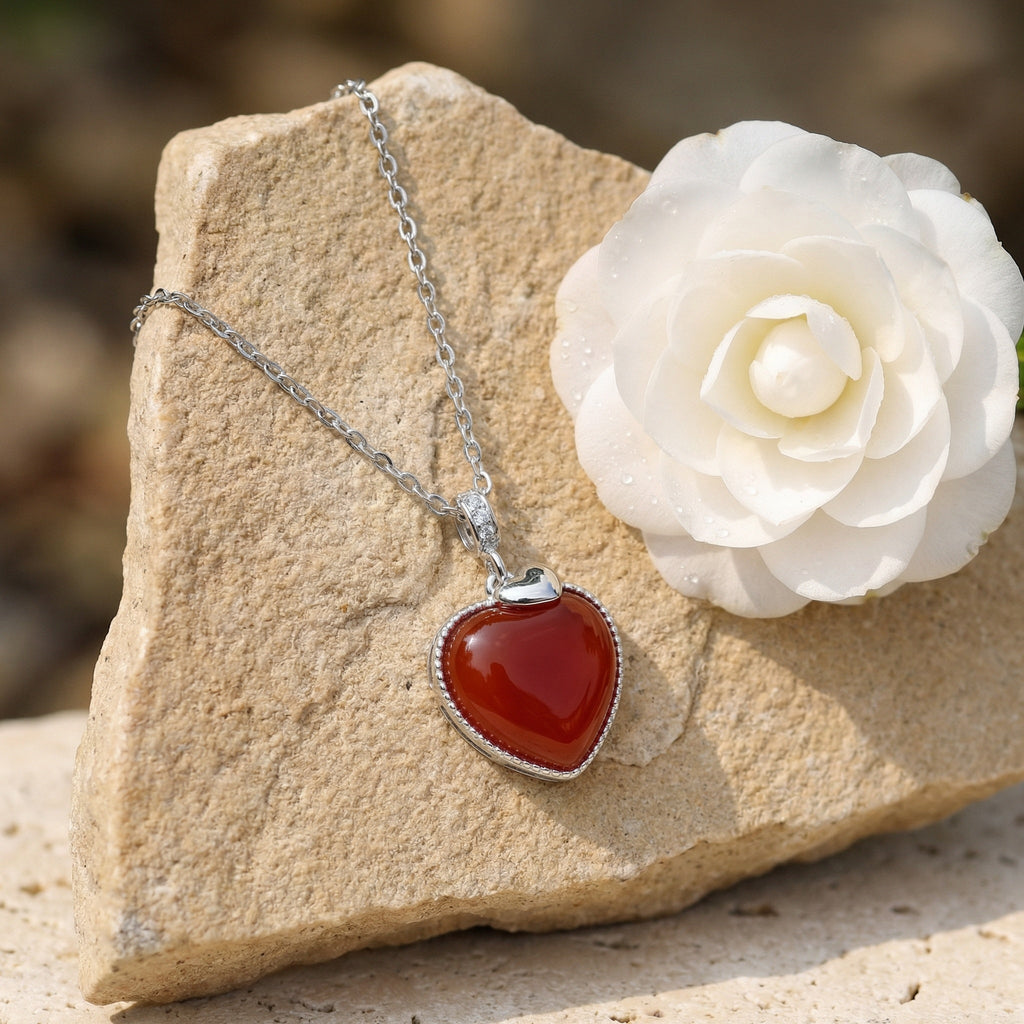 925 Sterling Silver Elegant Sterling Silver Heart Necklace with Vibrant Red Gemstone Pendant