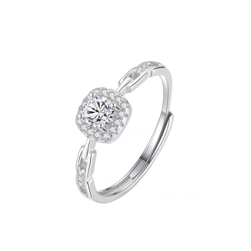 S999 Pure Silver Full Zircon Square Sugar Ring For Women, Niche INS Style, Light Luxury Premium Square Zircon Chain Index Finger Ring