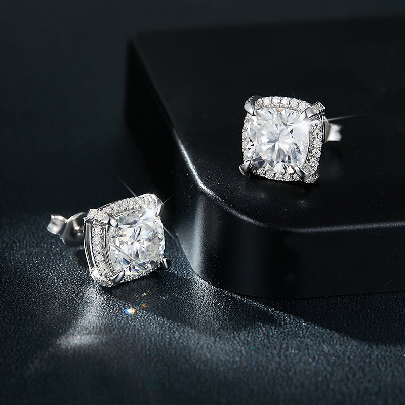 S925 Sterling Silver 8x8mm Cushion Cut Moissanite Stud Earrings  Platinum Plated Halo Setting With GRA Certificate Luxury Jewelry Gift Box Set For Women
