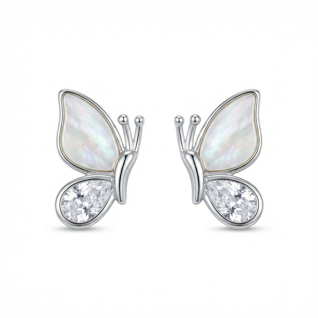 925 Sterling Silver Elegant Butterfly Stud Earrings with Iridescent Inlays and Sparkling Crystals