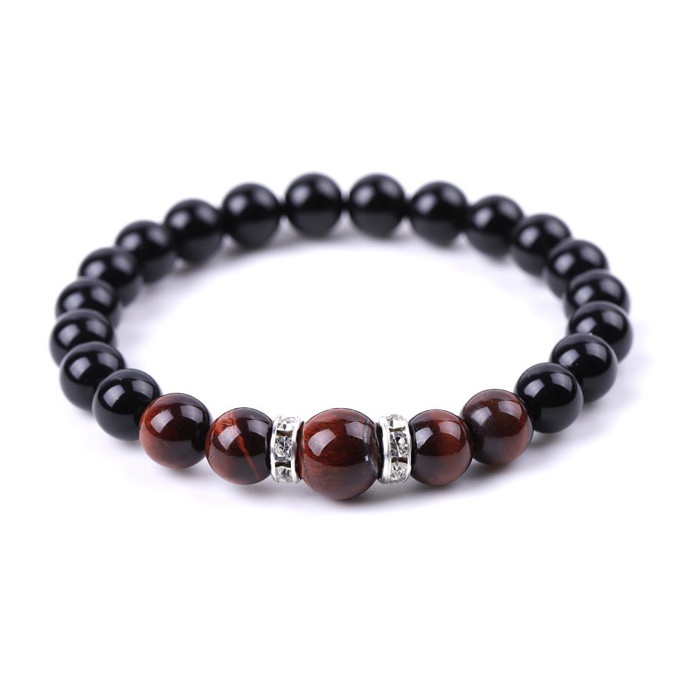 8 Mm 10mm Tigers Eye And Glossy Black Stone Micro-Inlaid Diamond Bracelet