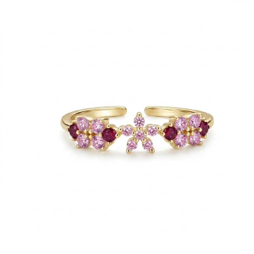 Pink Zircon Flower Open-ring For Women, Gentle And Elegant