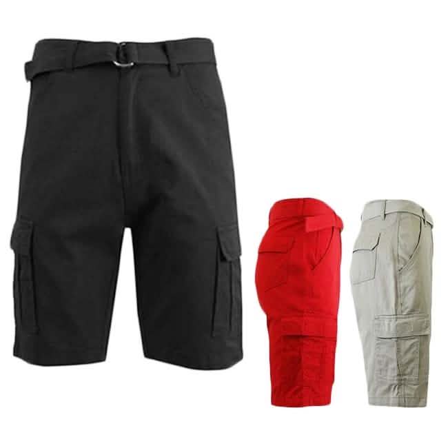 Men's 100% Cotton Belted Cargo Shorts - Assorted Colors and Sizes