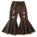 Toddler Kids Girls Denim Jeans Bell Bottom Flare Pants-Ripped Denim Leggings Trousers Cheetah-3-4 Years - #  GIAA21410003