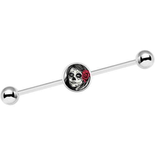14G Katrina Sugar Skull with Rose Flower Industrial Barbell 37mm